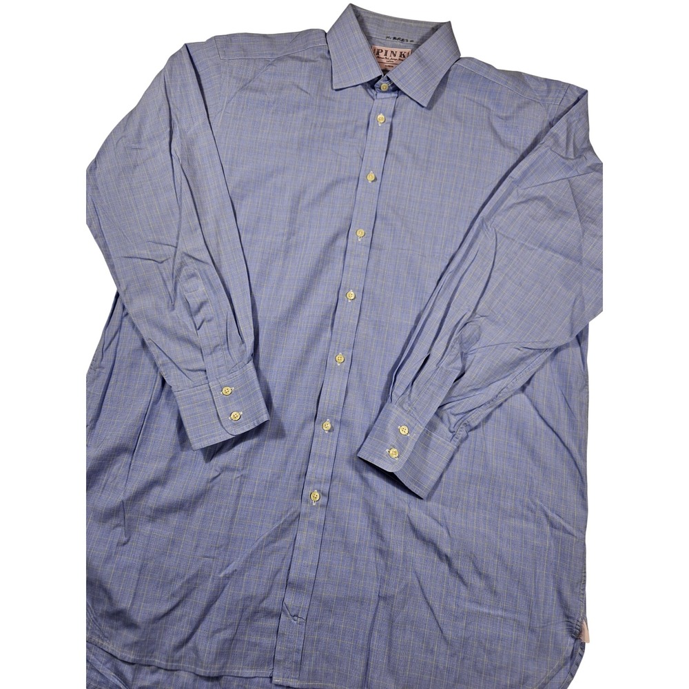 Thomas Pink Mens Blue Yellow Glen Plaid Cotton Dress Shirt 17.5 34 Ireland